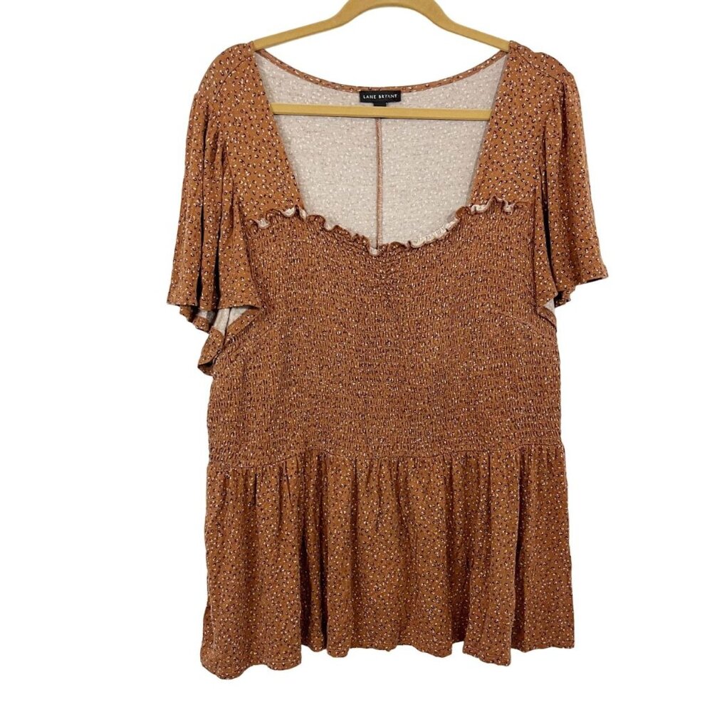 Lane Bryant Brown Ditsy Floral Smocked Peplum Shirt‎ Square Neck Boho Size 22/24
